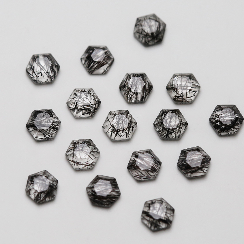 Natural Black Rutilated Quartz  hexagon 4x4mm crystal transparent with clear inlaid with various accessories
