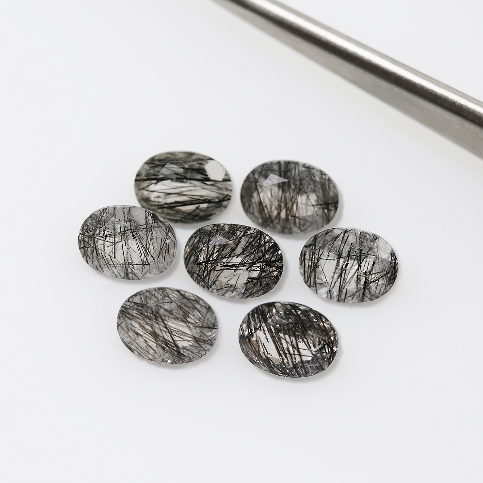 Natural Black Rutilated Quartz 4X6mm Oval Faceted Cabochons